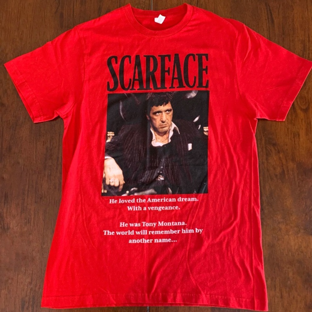NWOT, Scarface Tony Montana Screen Print T-shirt, Red, size M